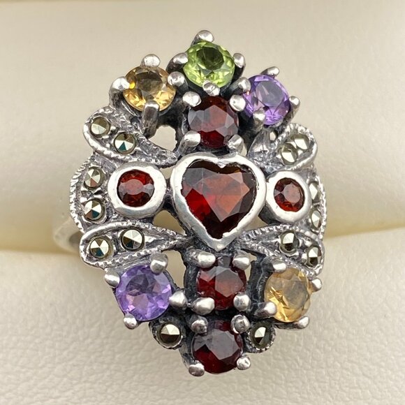 Heart Shaped Multi Gemstone Garnet Citrine Amethyst Sterling Silver Ring Sz. 5 - Picture 3 of 15
